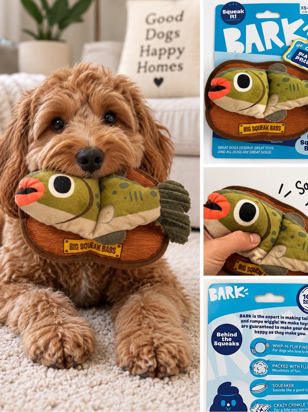 Bark Big Squeak Bass Plush Dog Toy - Green, Orange, Brown